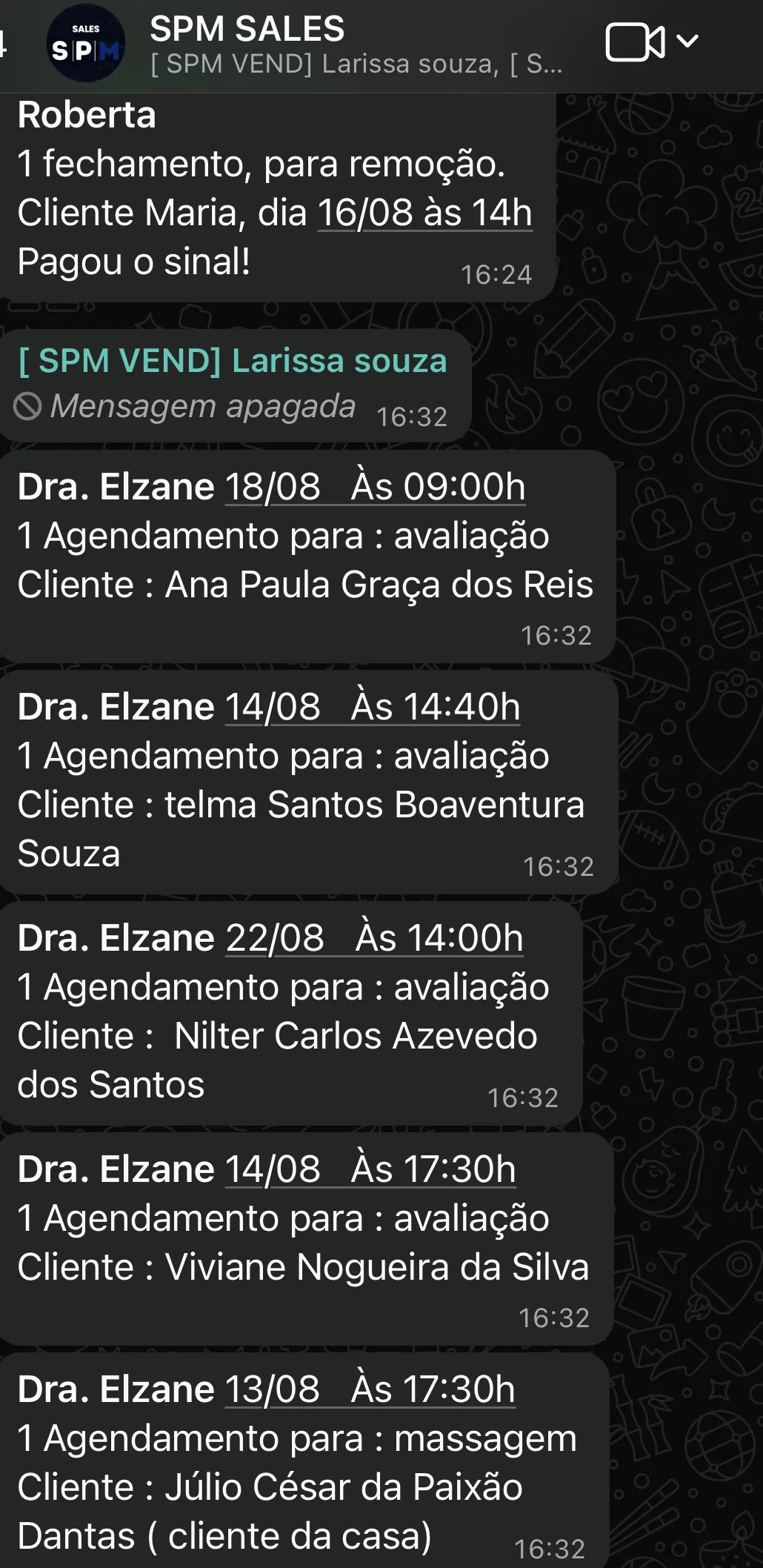Print de WhatsApp com agendamentos e fechamentos de clientes