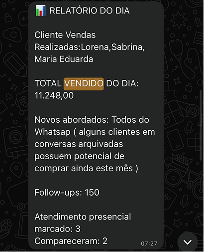 Print de relatório diário com total vendido, follow-ups e comparecimentos