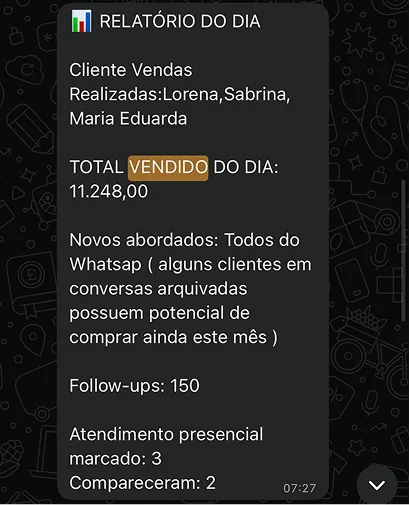 Print de relatório diário com total vendido, follow-ups e comparecimentos