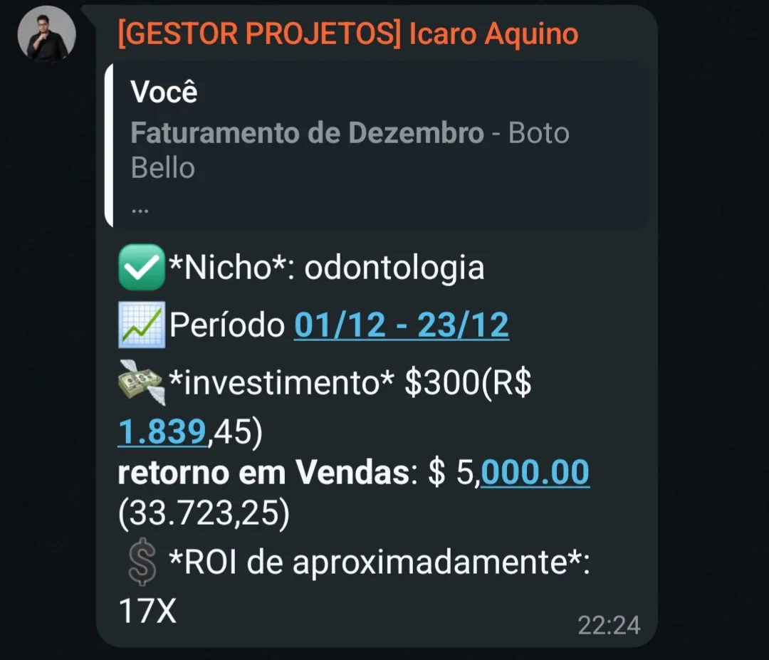 Print de resultado com investimento, retorno em vendas e ROI aproximado